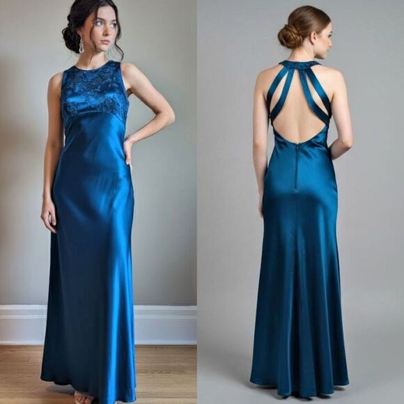 Vintage Y2K Zum Zum Blue Silky Evening Gown Maxi Prom Dress Sequins Size 4 - Picture 1 of 10